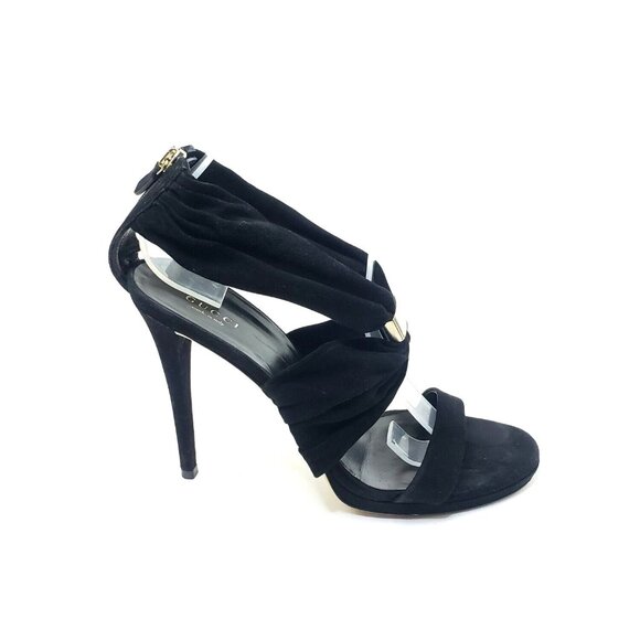 GUCCI High Heel Sandals Black Suede Strap Gold Logo Zip EU 39.5 US 9.5 - Picture 7 of 8